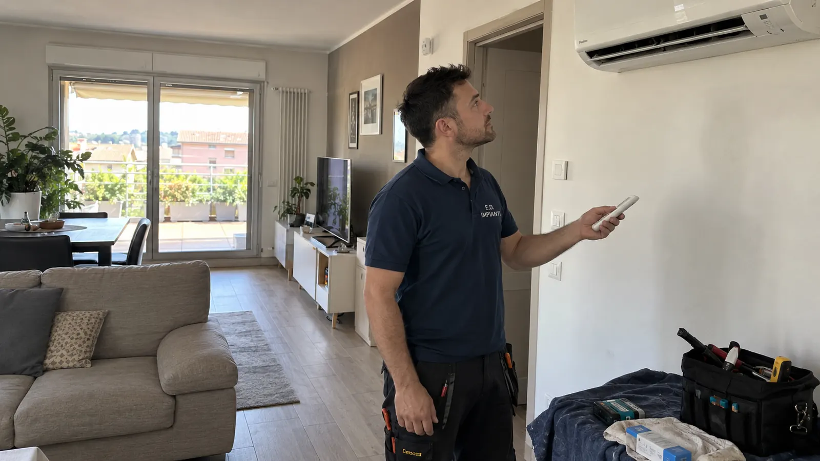 Immagine di ambientazione: un tecnico controlla un climatizzatore